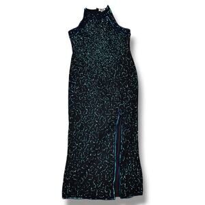 Mark & John by Gopal 90s Silk Sequin Halter Gown Black Teal 14